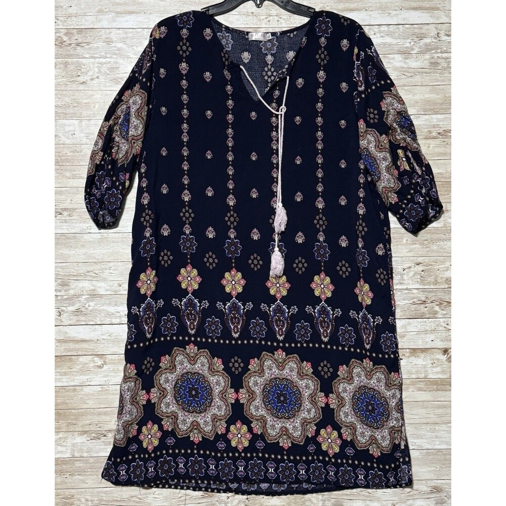 Halife Womens Boho Mandala Print Tunic Shift Dress Tassel Tie Neck Sz XL Hippie